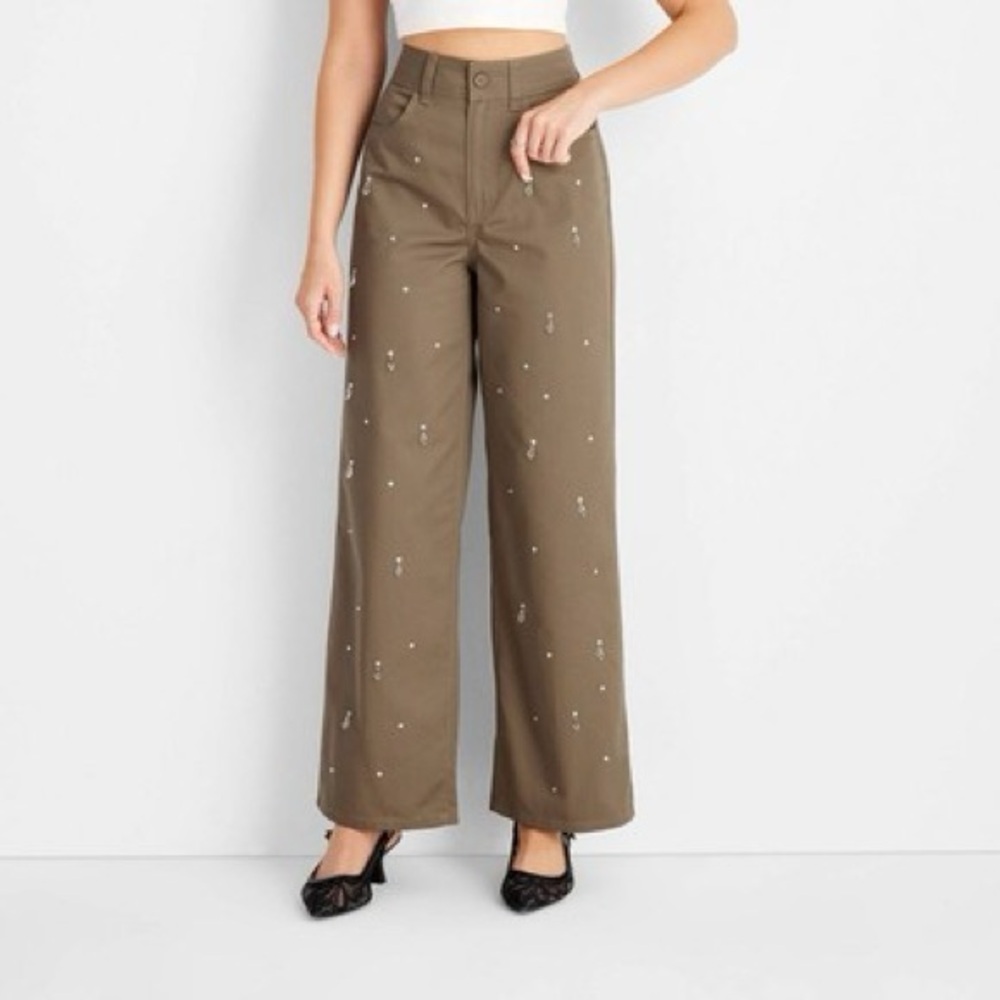Wide-Leg Pants in light brown  with decorative gems